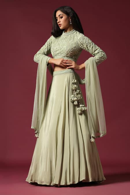 Two Sisters By Gyans_Green Georgette Pearls, Beads, Cut Work Round Neck Mint Embroidered Lehenga Set _at_Aza_Fashions