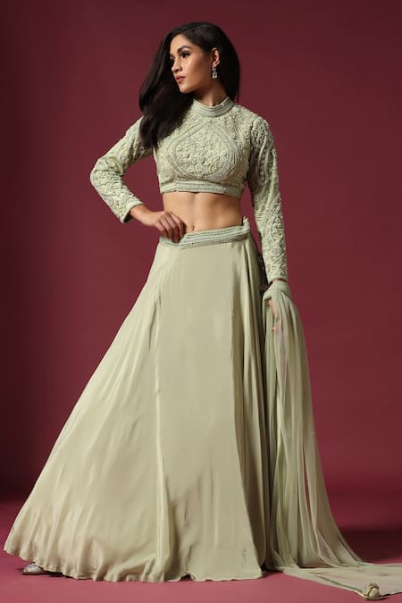 Shop_Two Sisters By Gyans_Green Georgette Pearls, Beads, Cut Work Round Neck Mint Embroidered Lehenga Set 