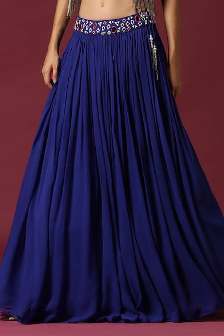 Two Sisters By Gyans_Blue Georgette Mirrors, Sequins, Beads Scoop Neck, Open Work Koti Lehenga Set _Online_at_Aza_Fashions