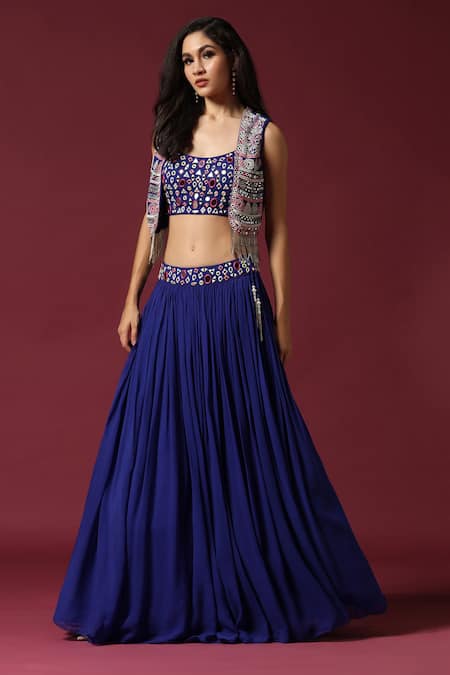 Buy_Two Sisters By Gyans_Blue Georgette Mirrors, Sequins, Beads Scoop Neck, Open Work Koti Lehenga Set _Online_at_Aza_Fashions