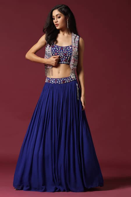 Shop_Two Sisters By Gyans_Blue Georgette Mirrors, Sequins, Beads Scoop Neck, Open Work Koti Lehenga Set _Online_at_Aza_Fashions