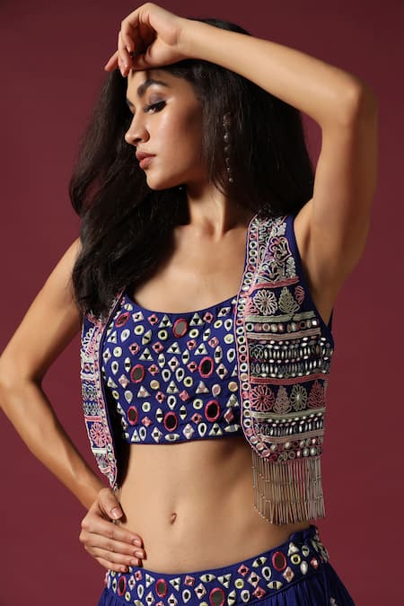 Two Sisters By Gyans_Blue Georgette Mirrors, Sequins, Beads Scoop Neck, Open Work Koti Lehenga Set _at_Aza_Fashions