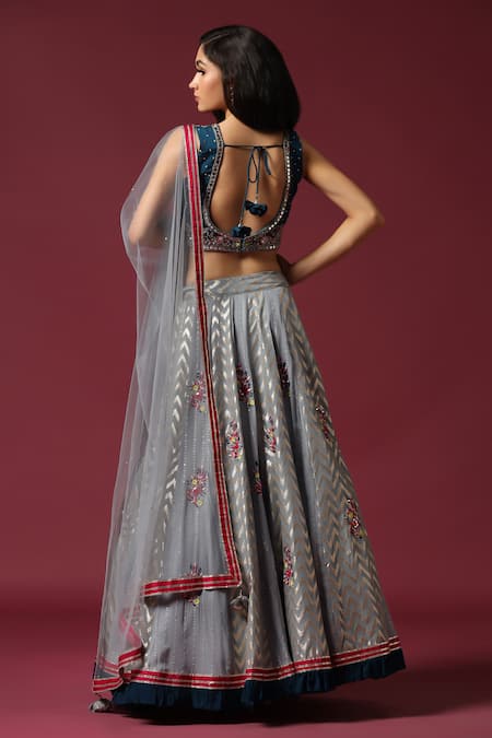 Two Sisters By Gyans Grey Chevron Embroidered Lehenga Set 