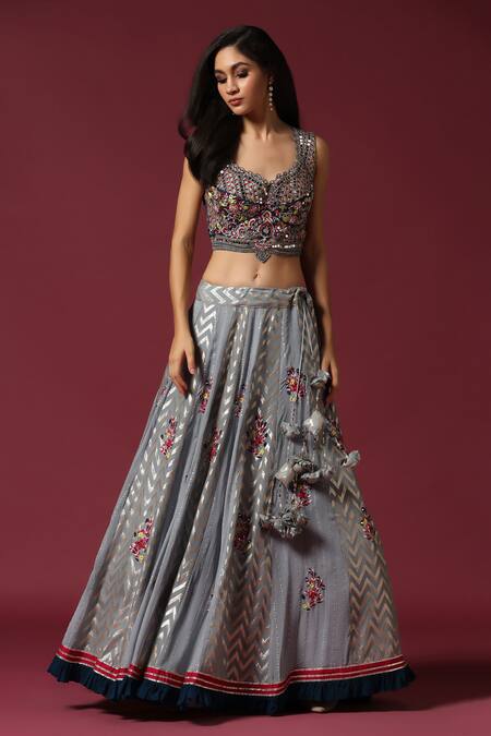 Two Sisters By Gyans Multi Color Georgette Tassels, Embroidery Grey Chevron Lehenga Set Online at Aza Fashions Two Sisters By Gyans_Multi Color Georgette Tassels, Embroidery Grey Chevron Lehenga Set _Online_at_Aza_Fashions