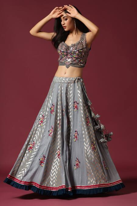Buy Two Sisters By Gyans Multi Color Georgette Tassels, Embroidery Grey Chevron Lehenga Set Online at Aza Fashions Buy_Two Sisters By Gyans_Multi Color Georgette Tassels, Embroidery Grey Chevron Lehenga Set _Online_at_Aza_Fashions
