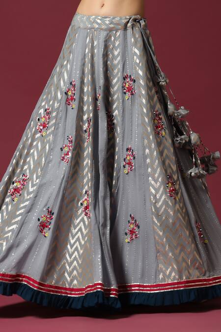 Shop Two Sisters By Gyans Multi Color Georgette Tassels, Embroidery Grey Chevron Lehenga Set Online at Aza Fashions Shop_Two Sisters By Gyans_Multi Color Georgette Tassels, Embroidery Grey Chevron Lehenga Set _Online_at_Aza_Fashions
