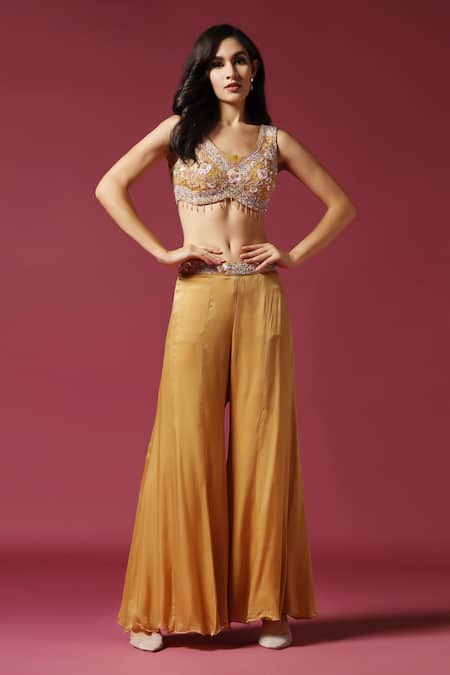 Two Sisters By Gyans Gold Chiffon Pearls, Sequins, Embroidery V-neck Cape Sharara Set Online at Aza Fashions Two Sisters By Gyans_Gold Chiffon Pearls, Sequins, Embroidery V-neck Cape Sharara Set _Online_at_Aza_Fashions