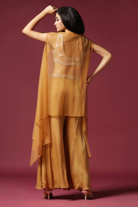 Buy Two Sisters By Gyans Gold Chiffon Pearls, Sequins, Embroidery V-neck Cape Sharara Set Buy_Two Sisters By Gyans_Gold Chiffon Pearls, Sequins, Embroidery V-neck Cape Sharara Set