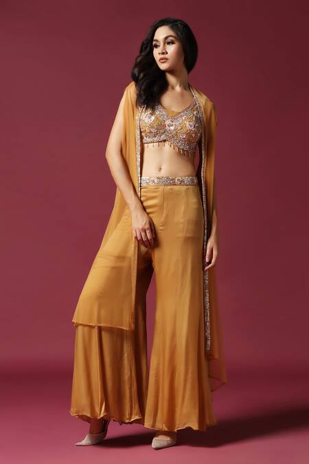 Shop Two Sisters By Gyans Gold Chiffon Pearls, Sequins, Embroidery V-neck Cape Sharara Set Shop_Two Sisters By Gyans_Gold Chiffon Pearls, Sequins, Embroidery V-neck Cape Sharara Set