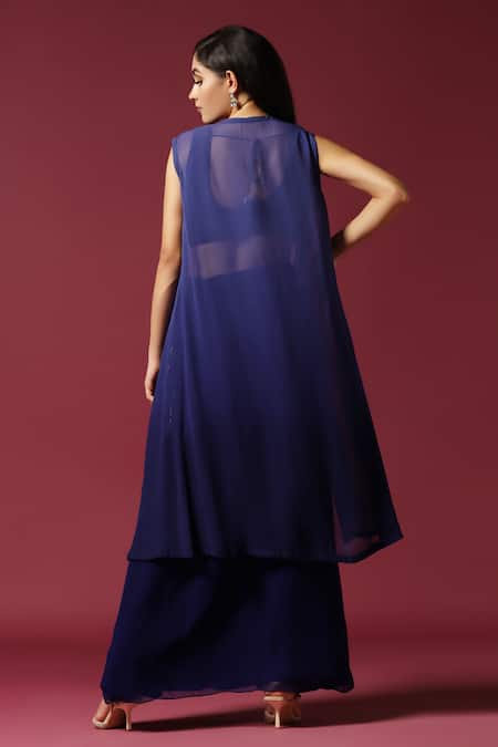 Shop Two Sisters By Gyans Blue Chiffon Sequins, Beads, Embroidery V-neck Stone Cape Skirt Set at Aza Fashions Shop_Two Sisters By Gyans_Blue Chiffon Sequins, Beads, Embroidery V-neck Stone Cape Skirt Set _at_Aza_Fashions