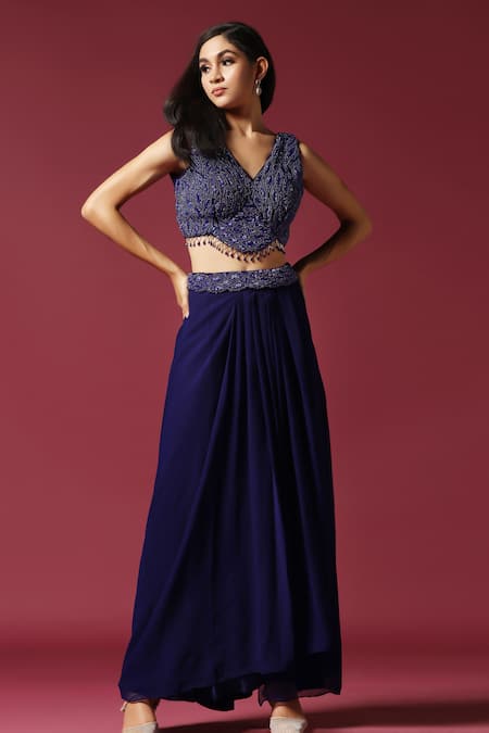 Two Sisters By Gyans Blue Chiffon Sequins, Beads, Embroidery V-neck Stone Cape Skirt Set Online at Aza Fashions Two Sisters By Gyans_Blue Chiffon Sequins, Beads, Embroidery V-neck Stone Cape Skirt Set _Online_at_Aza_Fashions