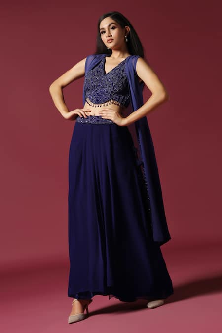 Shop Two Sisters By Gyans Blue Chiffon Sequins, Beads, Embroidery V-neck Stone Cape Skirt Set Online at Aza Fashions Shop_Two Sisters By Gyans_Blue Chiffon Sequins, Beads, Embroidery V-neck Stone Cape Skirt Set _Online_at_Aza_Fashions