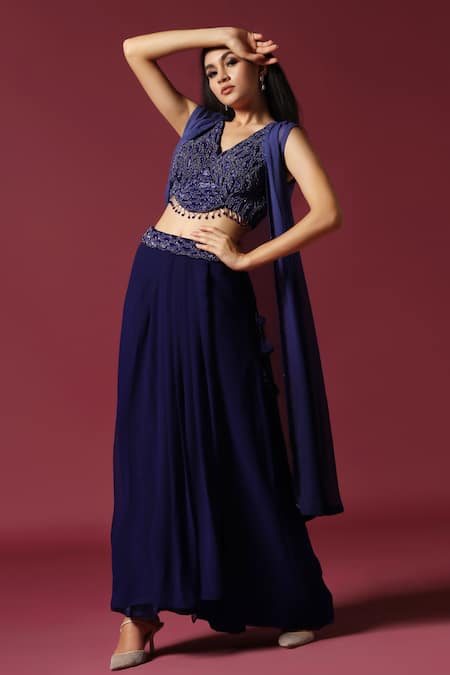 Two Sisters By Gyans Blue Chiffon Sequins, Beads, Embroidery V-neck Stone Cape Skirt Set at Aza Fashions Two Sisters By Gyans_Blue Chiffon Sequins, Beads, Embroidery V-neck Stone Cape Skirt Set _at_Aza_Fashions