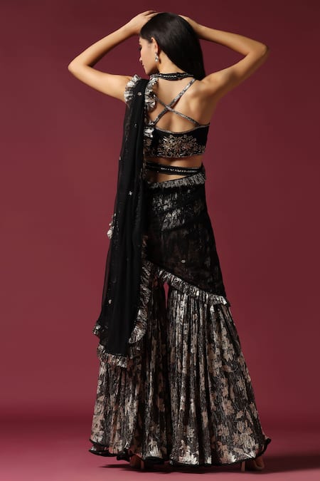 Two Sisters By Gyans Floral Embroidered Draped Sharara Saree Set 