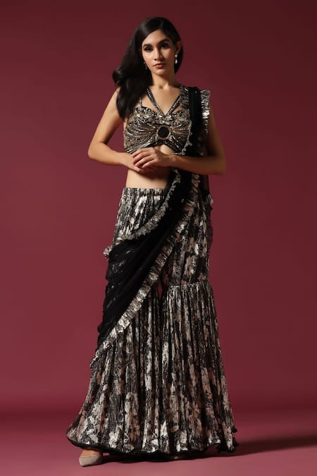 Two Sisters By Gyans_Black Lurex Sequins, Embroidery, Zari Halter Floral Draped Sharara Saree Set _Online_at_Aza_Fashions