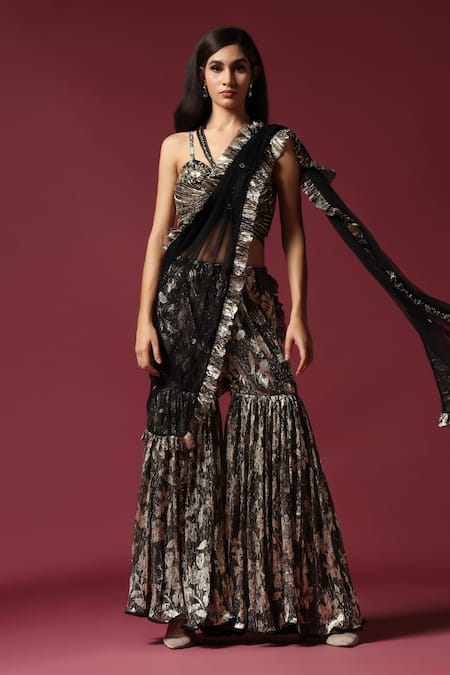 Shop_Two Sisters By Gyans_Black Lurex Sequins, Embroidery, Zari Halter Floral Draped Sharara Saree Set _Online_at_Aza_Fashions