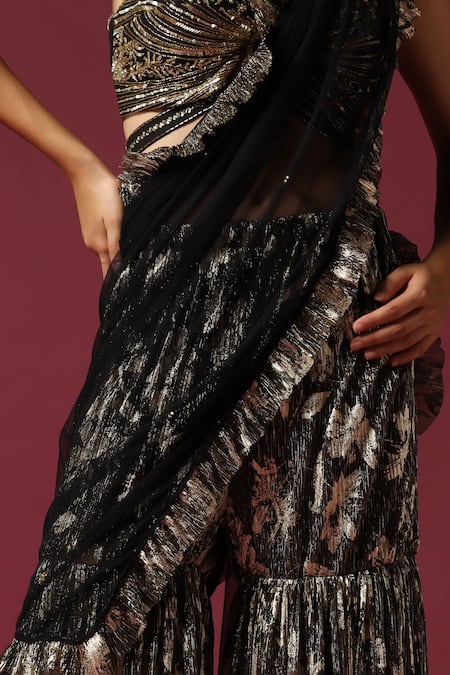 Two Sisters By Gyans_Black Lurex Sequins, Embroidery, Zari Halter Floral Draped Sharara Saree Set _at_Aza_Fashions