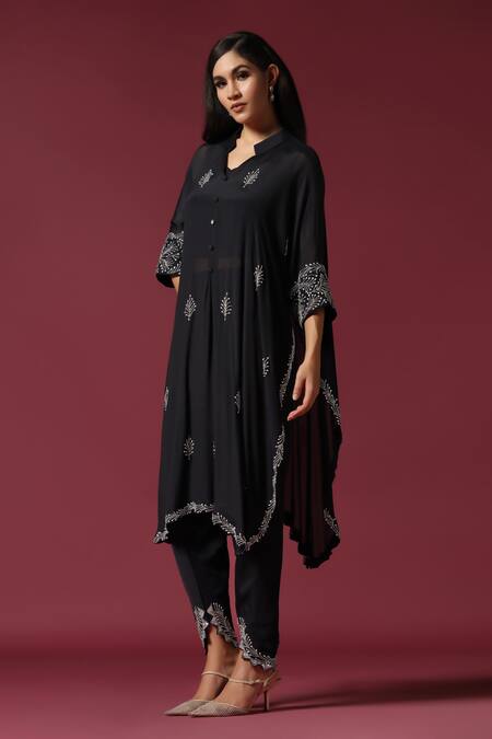 Buy_Two Sisters By Gyans_Black Chiffon Cut Work, Sequins, Embroidery Collared, Floral Kaftan And Pant Set _Online_at_Aza_Fashions