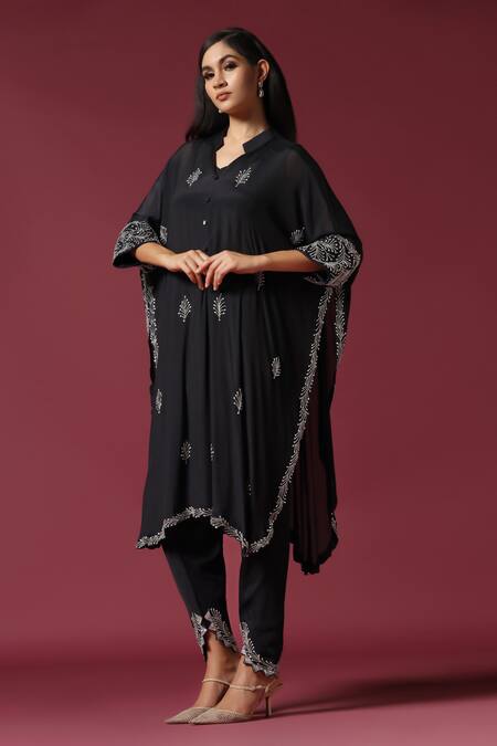 Shop_Two Sisters By Gyans_Black Chiffon Cut Work, Sequins, Embroidery Collared, Floral Kaftan And Pant Set _Online_at_Aza_Fashions