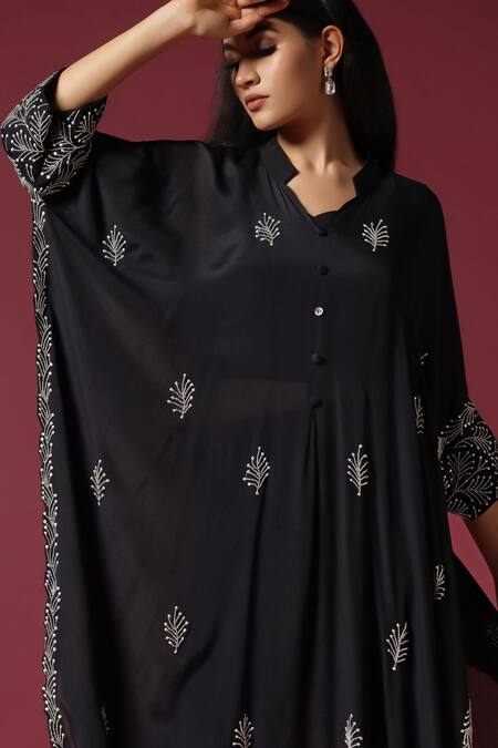 Two Sisters By Gyans_Black Chiffon Cut Work, Sequins, Embroidery Collared, Floral Kaftan And Pant Set _at_Aza_Fashions