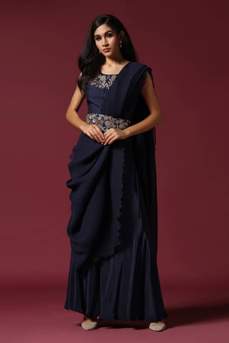 Two Sisters By Gyans Pleated Pre-Draped Saree With Embroidered Blouse 