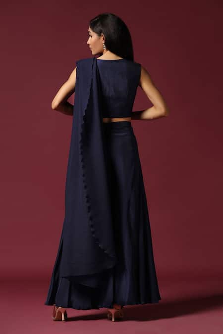 Shop Two Sisters By Gyans Blue Crepe, Silk Embroidery, Zari, Sequins Round Pleated Pre-draped Saree Set at Aza Fashions Shop_Two Sisters By Gyans_Blue Crepe, Silk Embroidery, Zari, Sequins Round Pleated Pre-draped Saree Set _at_Aza_Fashions