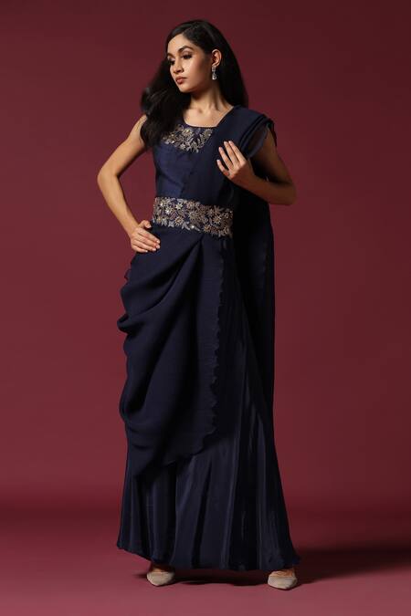 Two Sisters By Gyans Blue Crepe, Silk Embroidery, Zari, Sequins Round Pleated Pre-draped Saree Set Online at Aza Fashions Two Sisters By Gyans_Blue Crepe, Silk Embroidery, Zari, Sequins Round Pleated Pre-draped Saree Set _Online_at_Aza_Fashions