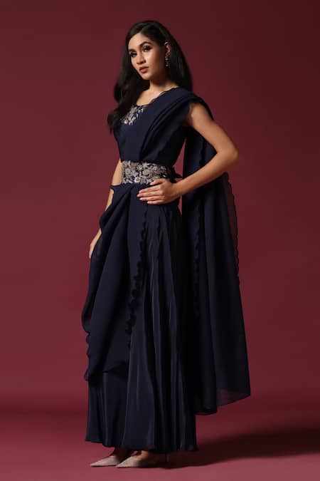 Buy Two Sisters By Gyans Blue Crepe, Silk Embroidery, Zari, Sequins Round Pleated Pre-draped Saree Set Online at Aza Fashions Buy_Two Sisters By Gyans_Blue Crepe, Silk Embroidery, Zari, Sequins Round Pleated Pre-draped Saree Set _Online_at_Aza_Fashions