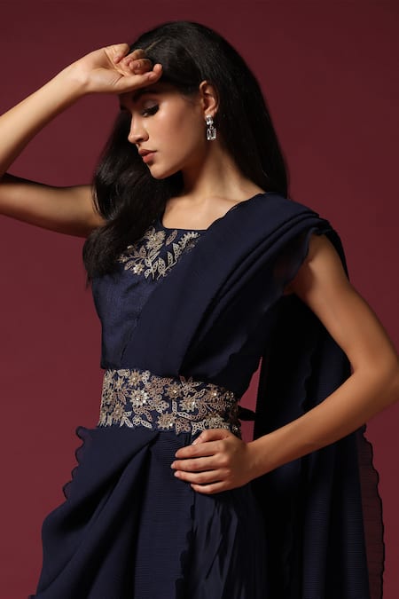 Shop Two Sisters By Gyans Blue Crepe, Silk Embroidery, Zari, Sequins Round Pleated Pre-draped Saree Set Online at Aza Fashions Shop_Two Sisters By Gyans_Blue Crepe, Silk Embroidery, Zari, Sequins Round Pleated Pre-draped Saree Set _Online_at_Aza_Fashions