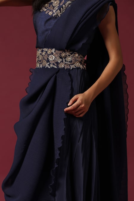 Two Sisters By Gyans Blue Crepe, Silk Embroidery, Zari, Sequins Round Pleated Pre-draped Saree Set at Aza Fashions Two Sisters By Gyans_Blue Crepe, Silk Embroidery, Zari, Sequins Round Pleated Pre-draped Saree Set _at_Aza_Fashions