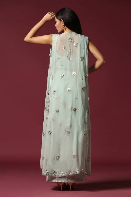 Shop Two Sisters By Gyans Blue Georgette Gota Patti, Tassels Square Neck, Embroidered Sharara Saree Set at Aza Fashions Shop_Two Sisters By Gyans_Blue Georgette Gota Patti, Tassels Square Neck, Embroidered Sharara Saree Set _at_Aza_Fashions