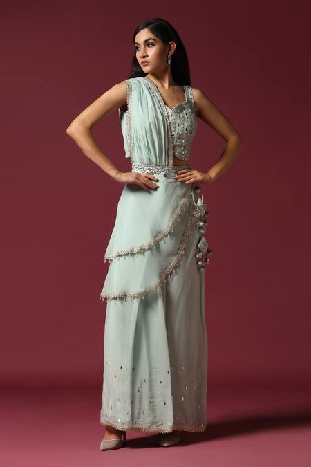 Two Sisters By Gyans Blue Georgette Gota Patti, Tassels Square Neck, Embroidered Sharara Saree Set Online at Aza Fashions Two Sisters By Gyans_Blue Georgette Gota Patti, Tassels Square Neck, Embroidered Sharara Saree Set _Online_at_Aza_Fashions