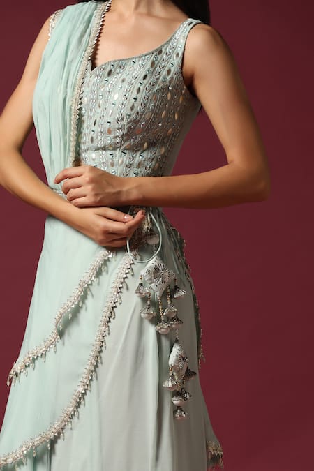 Shop Two Sisters By Gyans Blue Georgette Gota Patti, Tassels Square Neck, Embroidered Sharara Saree Set Online at Aza Fashions Shop_Two Sisters By Gyans_Blue Georgette Gota Patti, Tassels Square Neck, Embroidered Sharara Saree Set _Online_at_Aza_Fashions