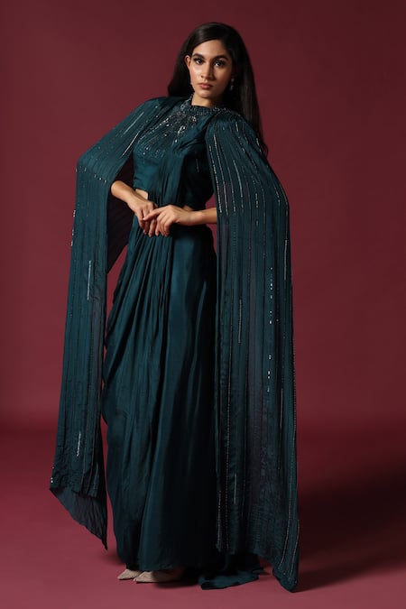 Buy Two Sisters By Gyans Green Chiffon Sequins, Cut Work Round Neck Teal Embroidered Pre-draped Saree Set Online at Aza Fashions Buy_Two Sisters By Gyans_Green Chiffon Sequins, Cut Work Round Neck Teal Embroidered Pre-draped Saree Set _Online_at_Aza_Fashions