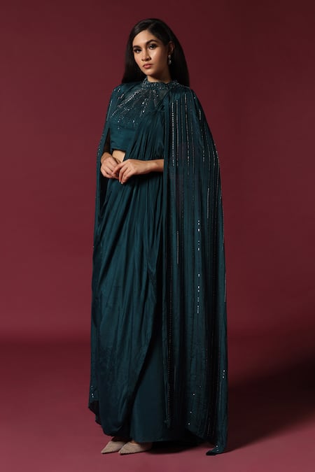 Shop Two Sisters By Gyans Green Chiffon Sequins, Cut Work Round Neck Teal Embroidered Pre-draped Saree Set Online at Aza Fashions Shop_Two Sisters By Gyans_Green Chiffon Sequins, Cut Work Round Neck Teal Embroidered Pre-draped Saree Set _Online_at_Aza_Fashions