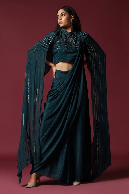 Buy Two Sisters By Gyans Green Chiffon Sequins, Cut Work Round Neck Teal Embroidered Pre-draped Saree Set Buy_Two Sisters By Gyans_Green Chiffon Sequins, Cut Work Round Neck Teal Embroidered Pre-draped Saree Set