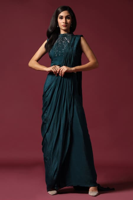 Shop_Two Sisters By Gyans_Green Chiffon Sequins, Cut Work Round Neck Teal Embroidered Pre-draped Saree Set 