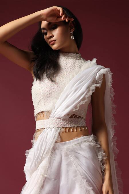 Shop_Two Sisters By Gyans_White Georgette Crystals, Sequins Draped Sharara Saree With Embroidered Blouse _Online_at_Aza_Fashions