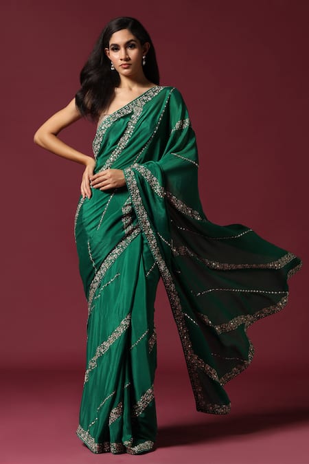 Two Sisters By Gyans Sequin Stripe Embroidered Saree With Unstitched Blouse Piece 