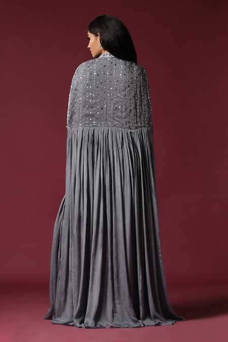 Two Sisters By Gyans Grey Sequined Embroidered Pre-Draped Saree Set 