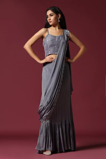 Two Sisters By Gyans Gray Chiffon Sequins, Cut Work Collared Grey Embroidered Pre-draped Saree Set Online at Aza Fashions Two Sisters By Gyans_Gray Chiffon Sequins, Cut Work Collared Grey Embroidered Pre-draped Saree Set _Online_at_Aza_Fashions
