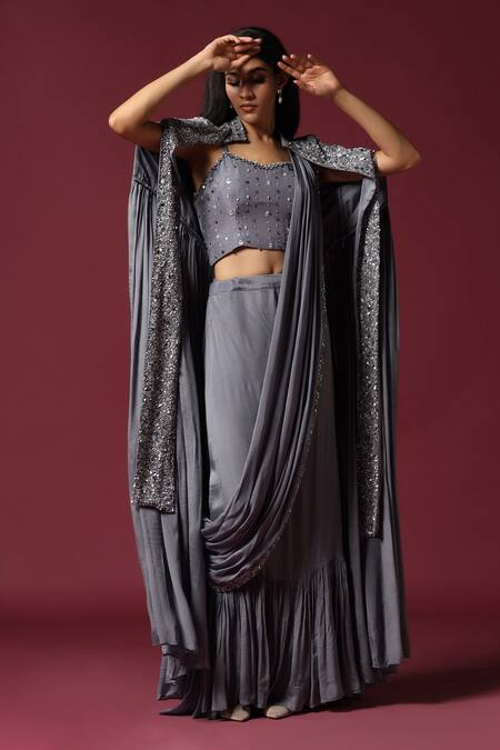 Buy Two Sisters By Gyans Gray Chiffon Sequins, Cut Work Collared Grey Embroidered Pre-draped Saree Set Online at Aza Fashions Buy_Two Sisters By Gyans_Gray Chiffon Sequins, Cut Work Collared Grey Embroidered Pre-draped Saree Set _Online_at_Aza_Fashions