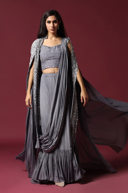 Shop Two Sisters By Gyans Gray Chiffon Sequins, Cut Work Collared Grey Embroidered Pre-draped Saree Set Online at Aza Fashions Shop_Two Sisters By Gyans_Gray Chiffon Sequins, Cut Work Collared Grey Embroidered Pre-draped Saree Set _Online_at_Aza_Fashions