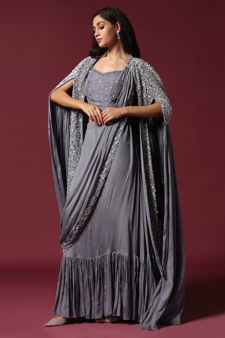 Two Sisters By Gyans Gray Chiffon Sequins, Cut Work Collared Grey Embroidered Pre-draped Saree Set at Aza Fashions Two Sisters By Gyans_Gray Chiffon Sequins, Cut Work Collared Grey Embroidered Pre-draped Saree Set _at_Aza_Fashions