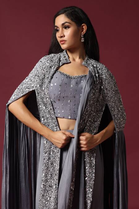 Buy Two Sisters By Gyans Gray Chiffon Sequins, Cut Work Collared Grey Embroidered Pre-draped Saree Set Buy_Two Sisters By Gyans_Gray Chiffon Sequins, Cut Work Collared Grey Embroidered Pre-draped Saree Set
