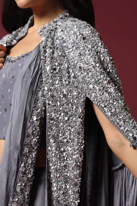 Shop Two Sisters By Gyans Gray Chiffon Sequins, Cut Work Collared Grey Embroidered Pre-draped Saree Set Shop_Two Sisters By Gyans_Gray Chiffon Sequins, Cut Work Collared Grey Embroidered Pre-draped Saree Set