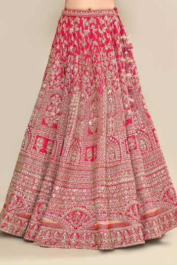 Kalighata Pink Silk, Chiffon, Net Cut Work, Sequins Floral Embroidered Bridal Lehenga Set  3
