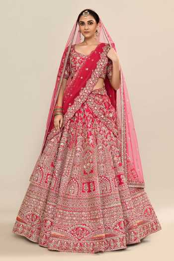 Kalighata Pink Silk, Chiffon, Net Cut Work, Sequins Floral Embroidered Bridal Lehenga Set  4