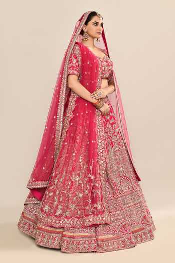 Kalighata Pink Silk, Chiffon, Net Cut Work, Sequins Floral Embroidered Bridal Lehenga Set  5