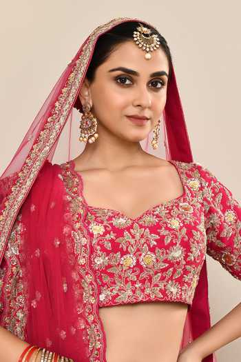 Kalighata Pink Silk, Chiffon, Net Cut Work, Sequins Floral Embroidered Bridal Lehenga Set  6
